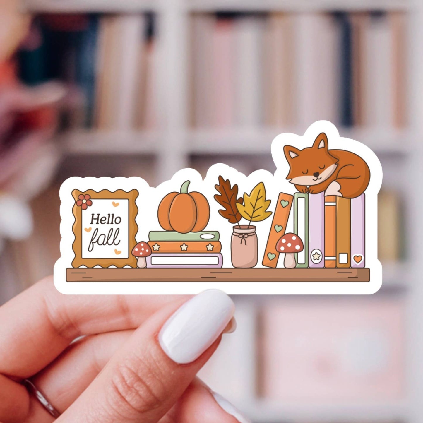Hello Fall Fox Bookshelf Sticker – Bookish, Glossy Vinyl