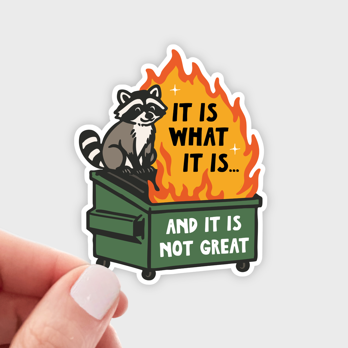 It Is What It Is Sticker - dumpster fire, raccoon, shit show